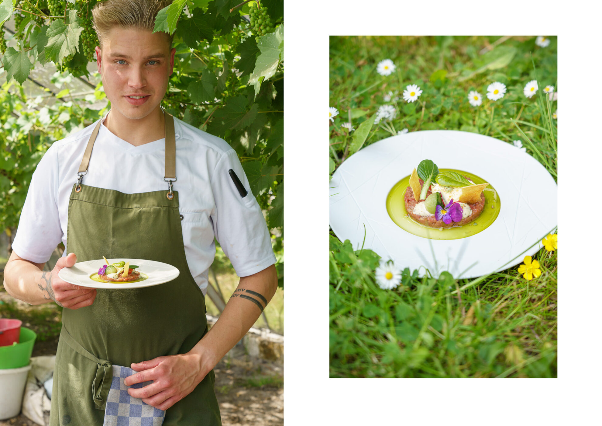 Een portret van Chef-Kok Daniël van Het Hof in Bergen, Noord-Holland en een food foto van een van zijn creaties. - ©GittaPolak